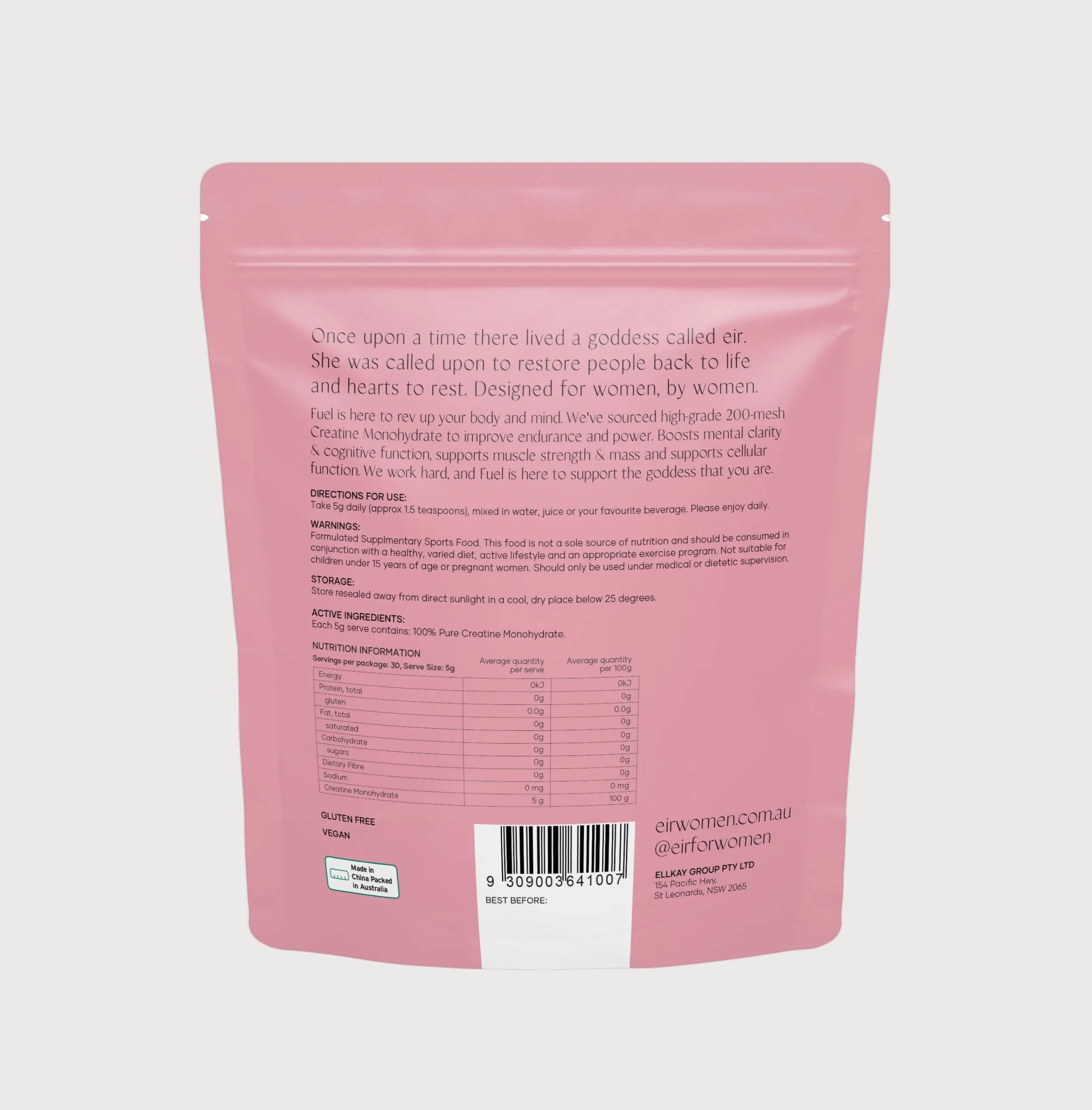 Pink package with text and a barcode on a white background