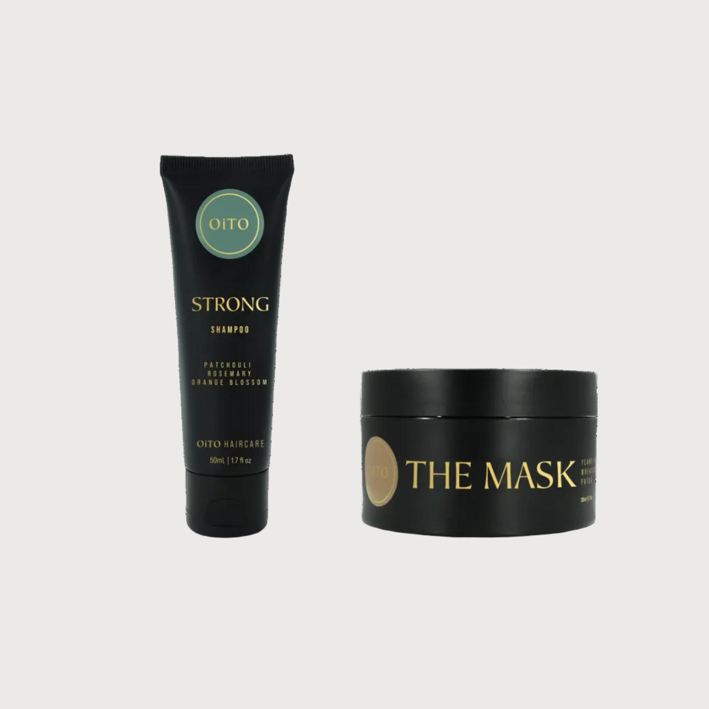 Oito shampoo tube and 'The Mask' jar on a white background