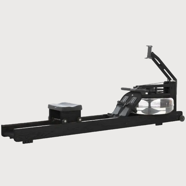 A black water rowing machine with a transparent water tank, black handlebar, and long sliding track on a plain white background.