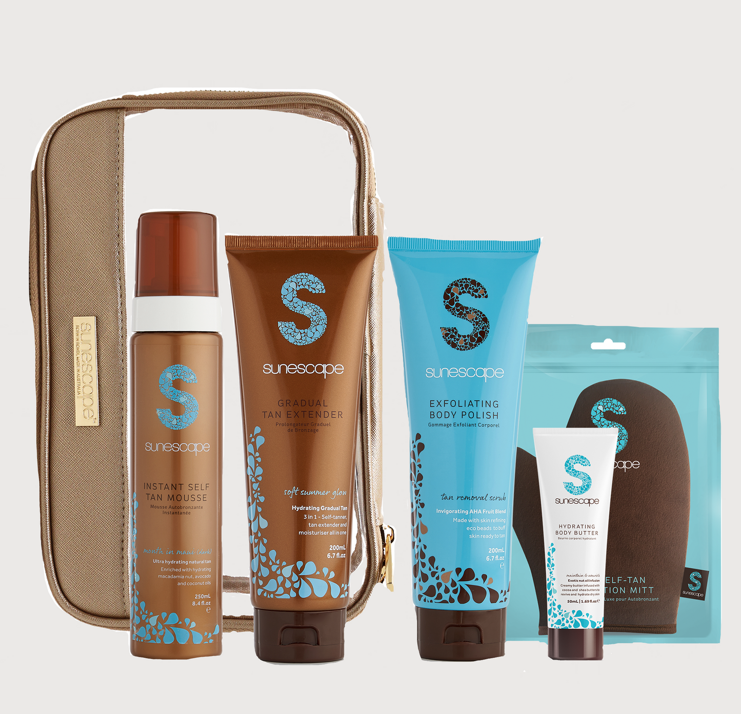Sunescape self-tanning product set with a carrying case on a white background