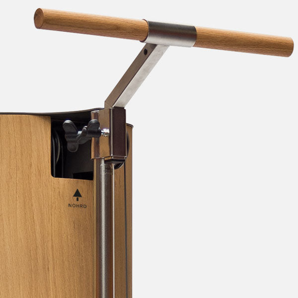 Wooden desk with a metal leg and handle on a white background