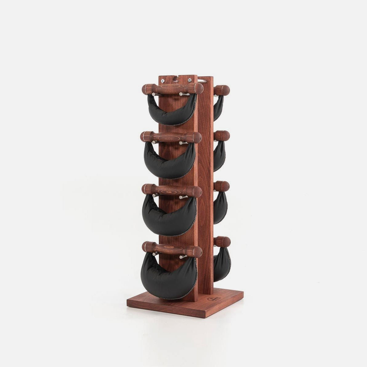 Wooden weightlifting rack with black weights on a white background