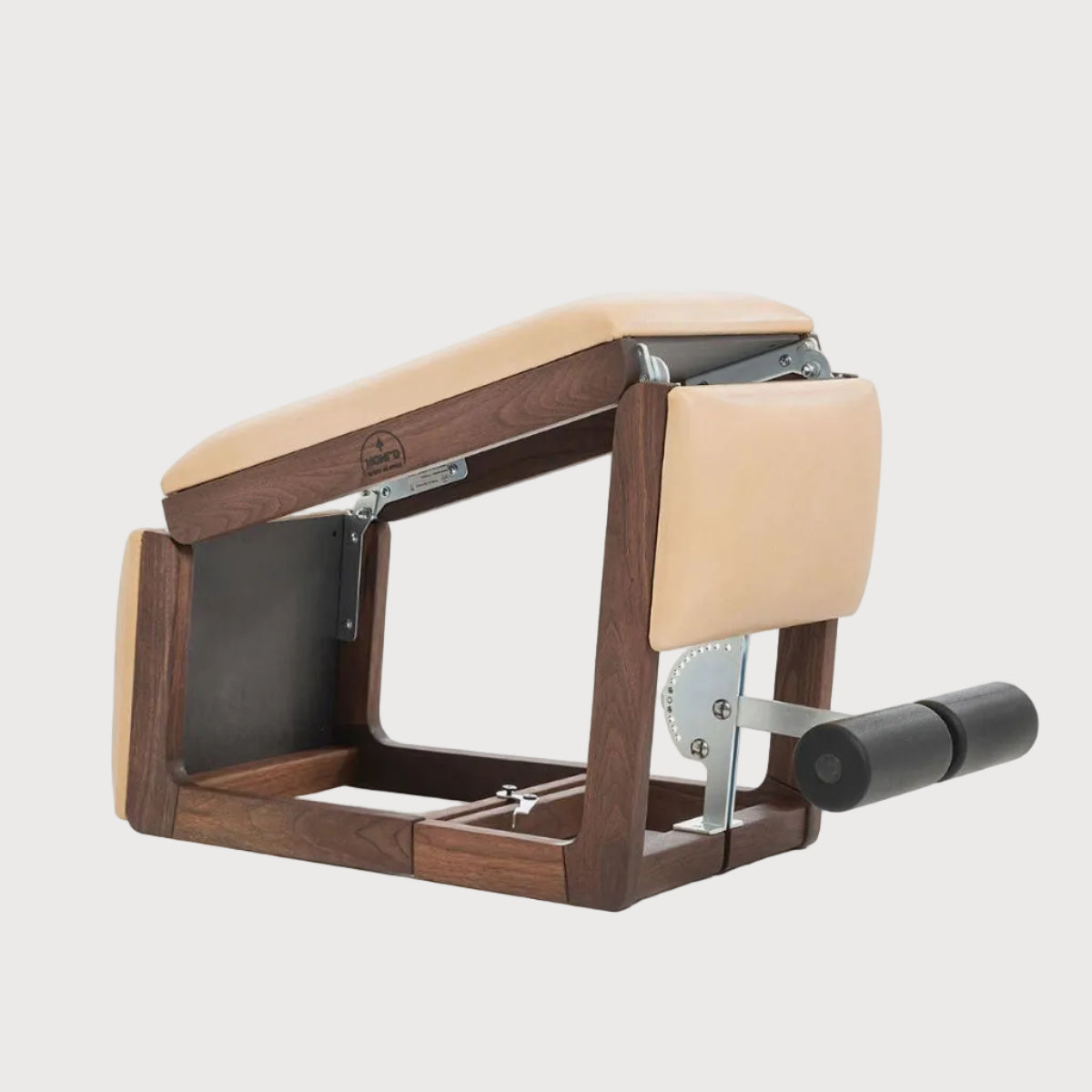 Wooden and beige office chair armrest on a white background