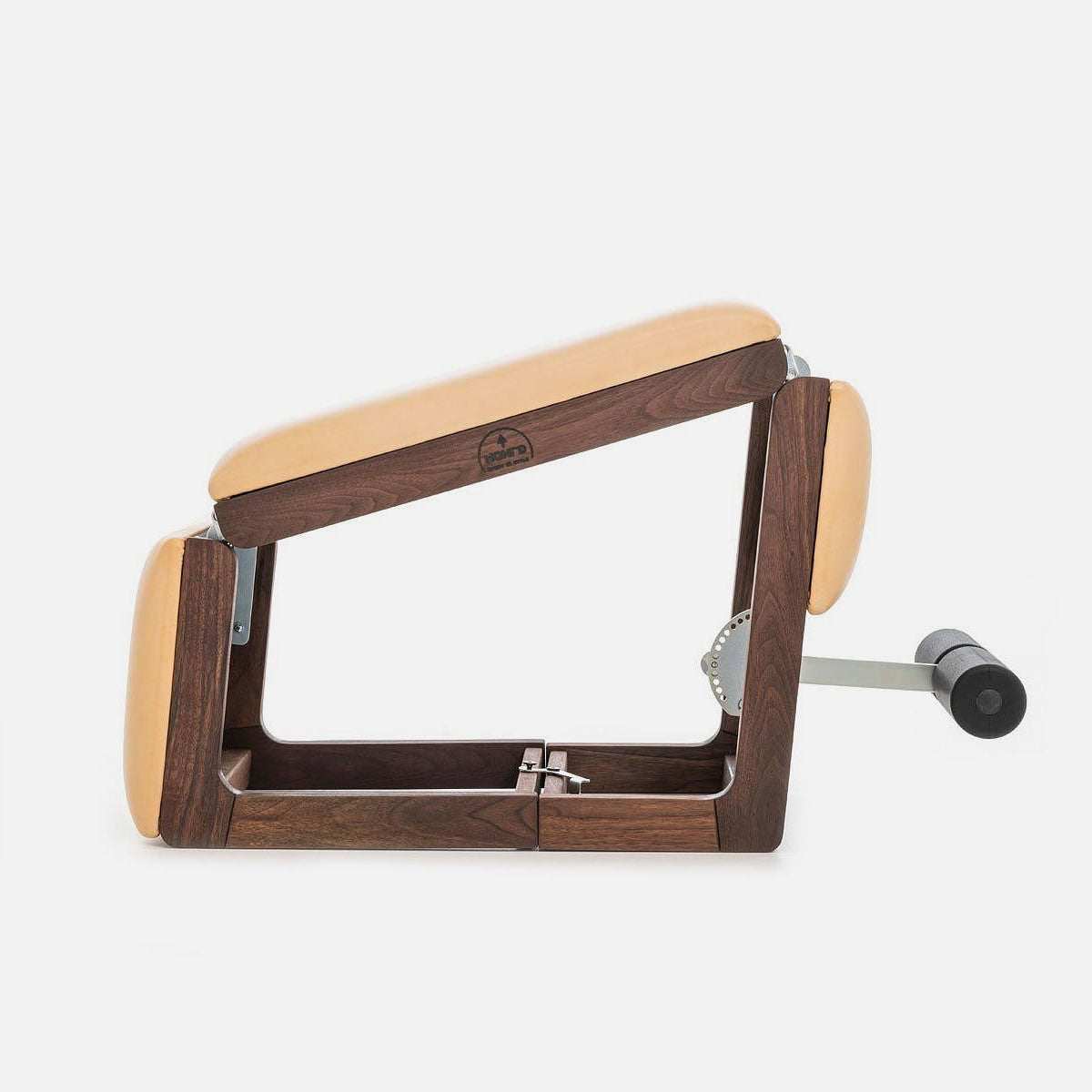 Wooden and beige phone stand on a white background