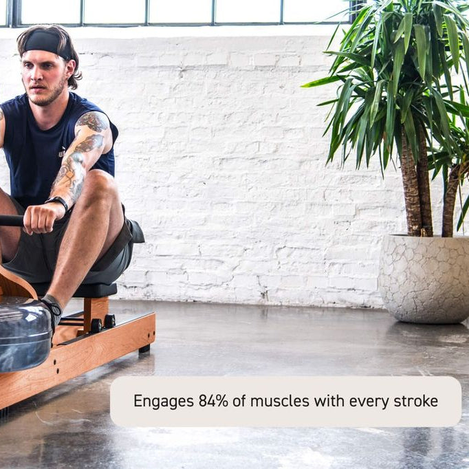 A man sits on a wooden rowing machine in a bright indoor space with a white brick wall, concrete floor, and a potted plant. A tablet is mounted on the frame, and text at the bottom reads, 'Engages 84% of muscles with every stroke.