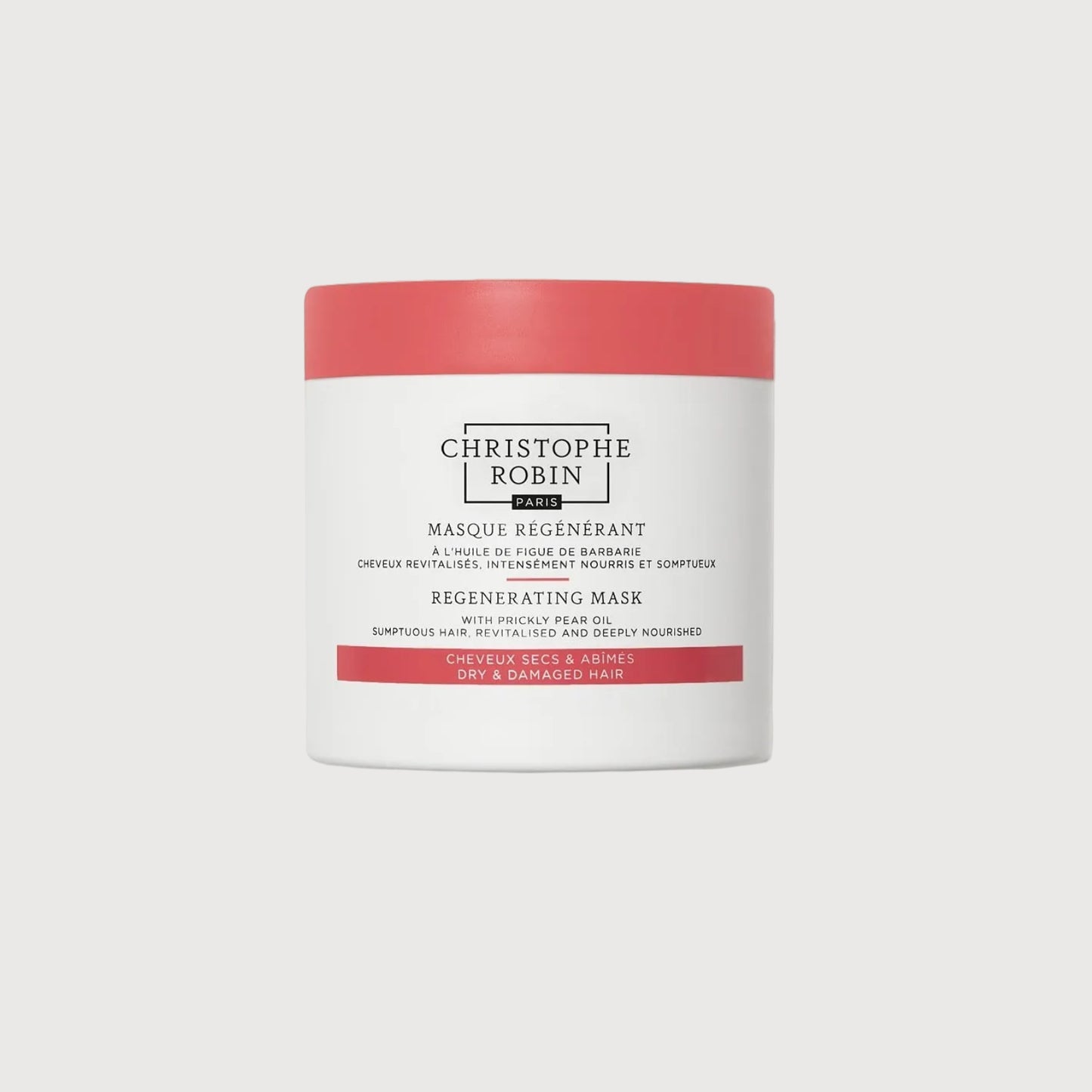 White jar with red lid labeled 'Christophe Robin' on a white background