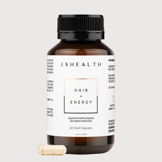JSHealth hair and energy supplement bottle with a capsule on a white background