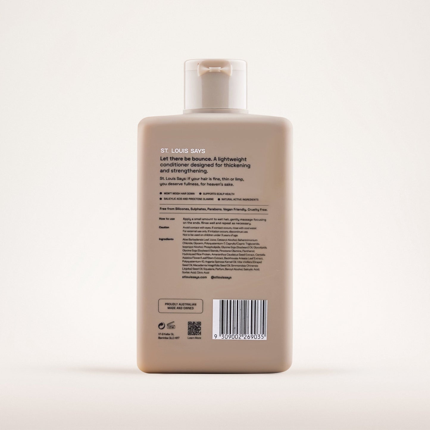 Beige bottle with label and barcode on a white background