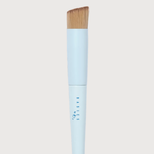 Makeup brush with a light blue handle and brown bristle head on a white background