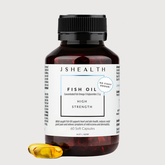 JSHealth Fish Oil supplement bottle with a pill on a white background