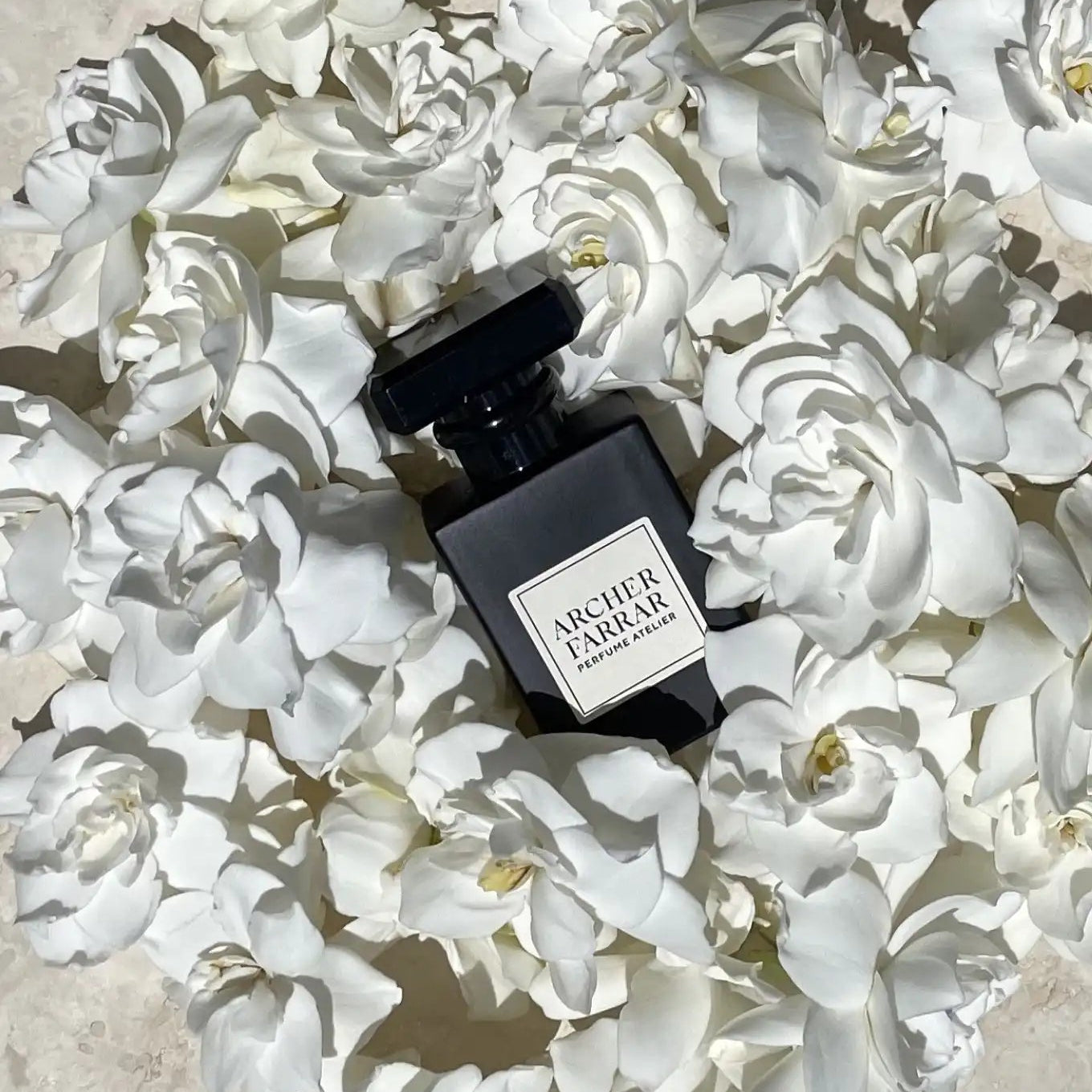 Perfume bottle on a bed of white flowers