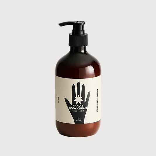 Hand and body wash bottle with pump on a light gray background