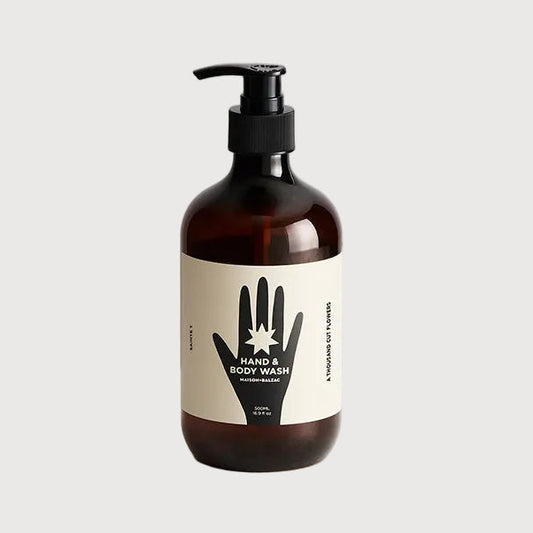 Brown bottle with pump and white label on a light gray background