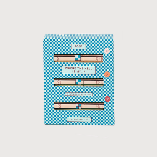 Lipstick set packaging with blue checkered design on a white background