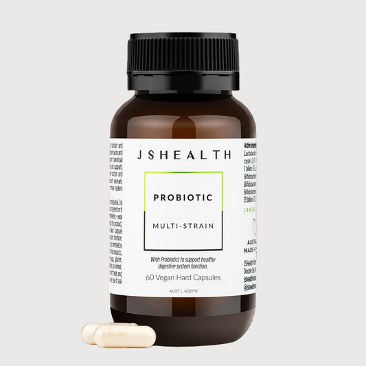 JS Health probiotic bottle with capsules on a white background