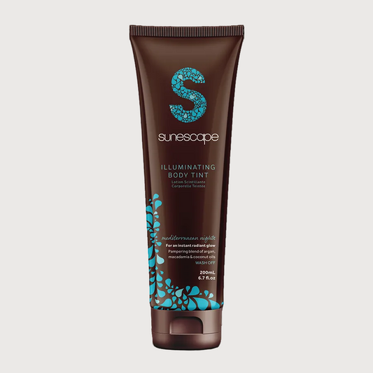 Sunescape Illuminating Body Tint tube with brown and blue design on a white background