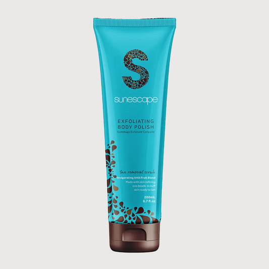 Blue tube of Sunescape Exfoliating Body Polish on a white background
