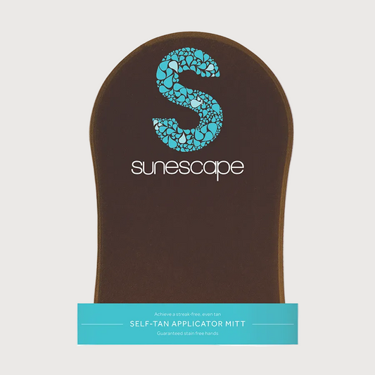 Brown self-tan applicator mitt with blue 'S' logo on a white background