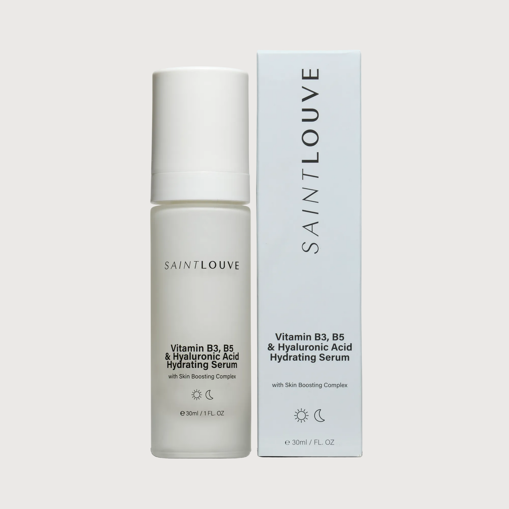 Saint Louve Vitamin B3, B5 & Hyaluronic Acid Hydrating Serum with packaging on a white background