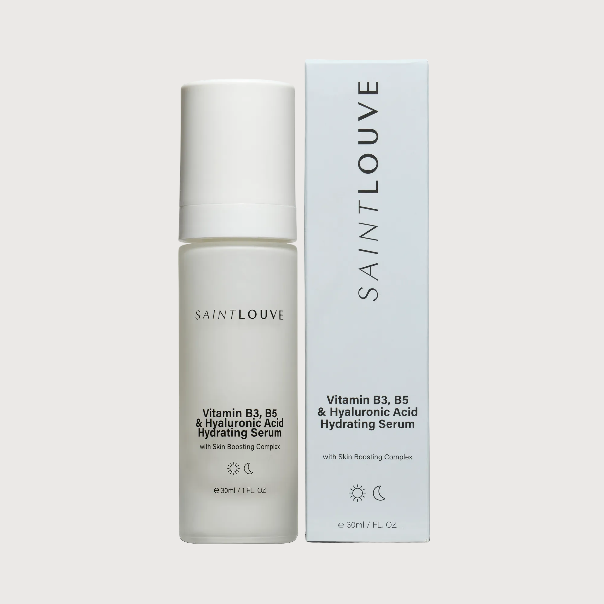 Saint Louve Vitamin B3, B5 & Hyaluronic Acid Hydrating Serum with packaging on a white background