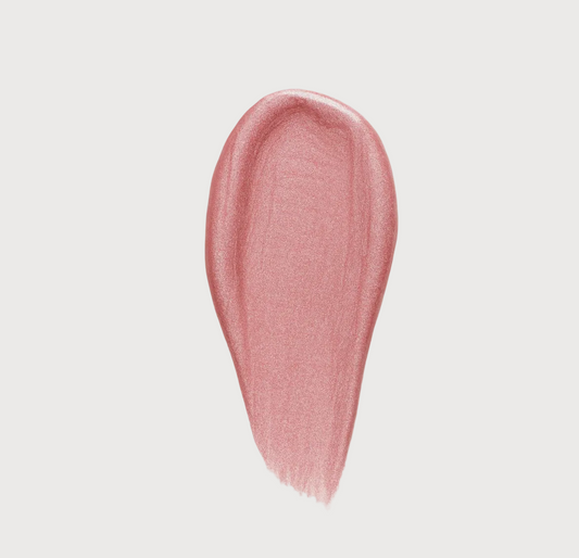 Lip tint bottle with a swatch of pink color on a light gray background
