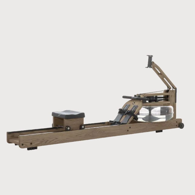 A wooden rowing machine with a natural oak finish, featuring a black padded seat, black handlebar, and a clear water reservoir, shown against a light gray background.