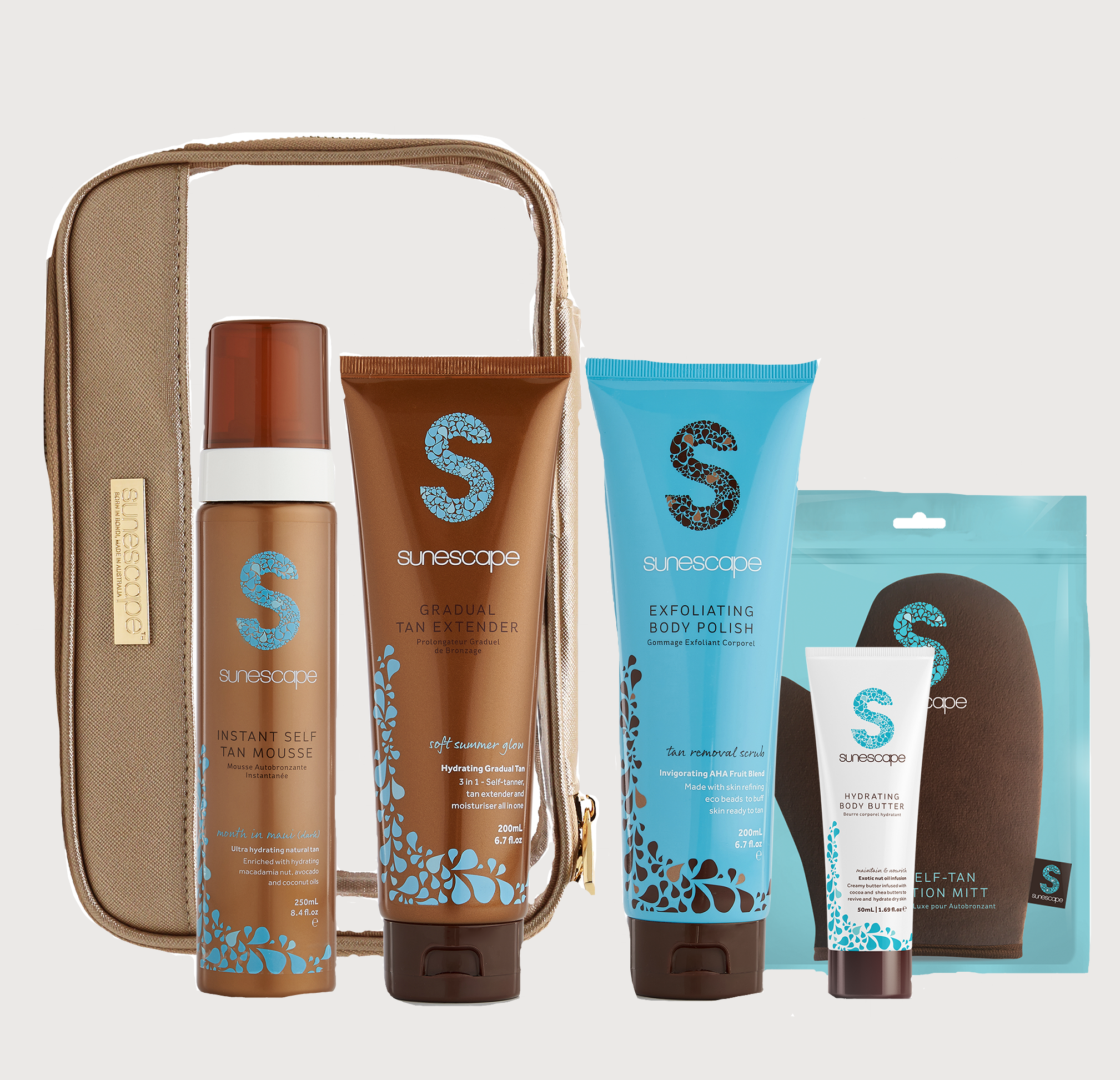 Sunescape self-tanning product set with a carrying case on a white background