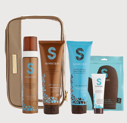 Sunescape self-tanning product set with a carrying case on a white background