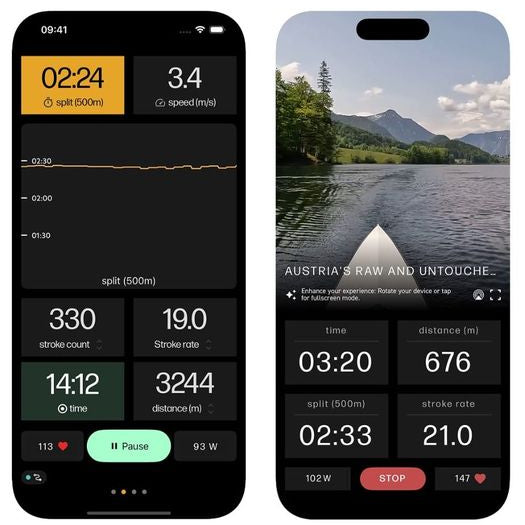 Two smartphone screens showing a fitness app interface, likely for swimming or cycling, with metrics such as time, speed, stroke count, and distance. The left screen has a dark workout dashboard, and the right screen shows a scenic lake-and-mountain background with a white boat silhouette and text reading 'AUSTRIA'S RAW AND UNTOUCHED.